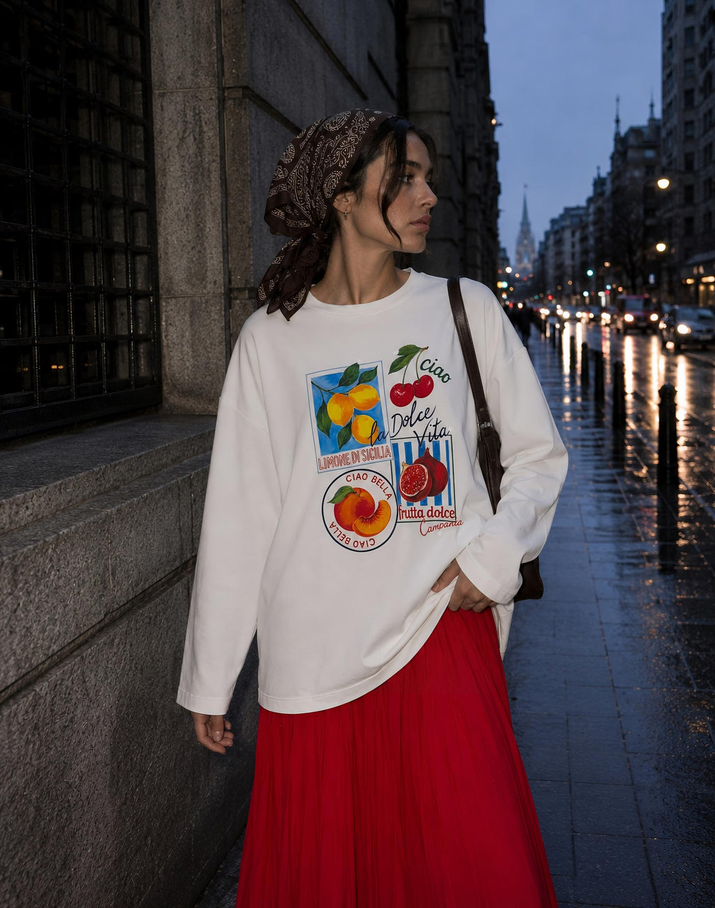 Beyaz Dolce Vita Baskılı Tesettüre Uygun Uzun Kollu T-Shirt