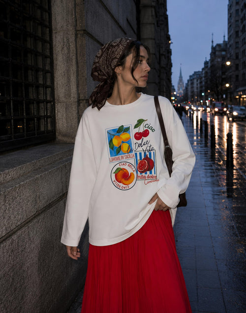 Beyaz Dolce Vita Baskılı Tesettüre Uygun Uzun Kollu T-Shirt
