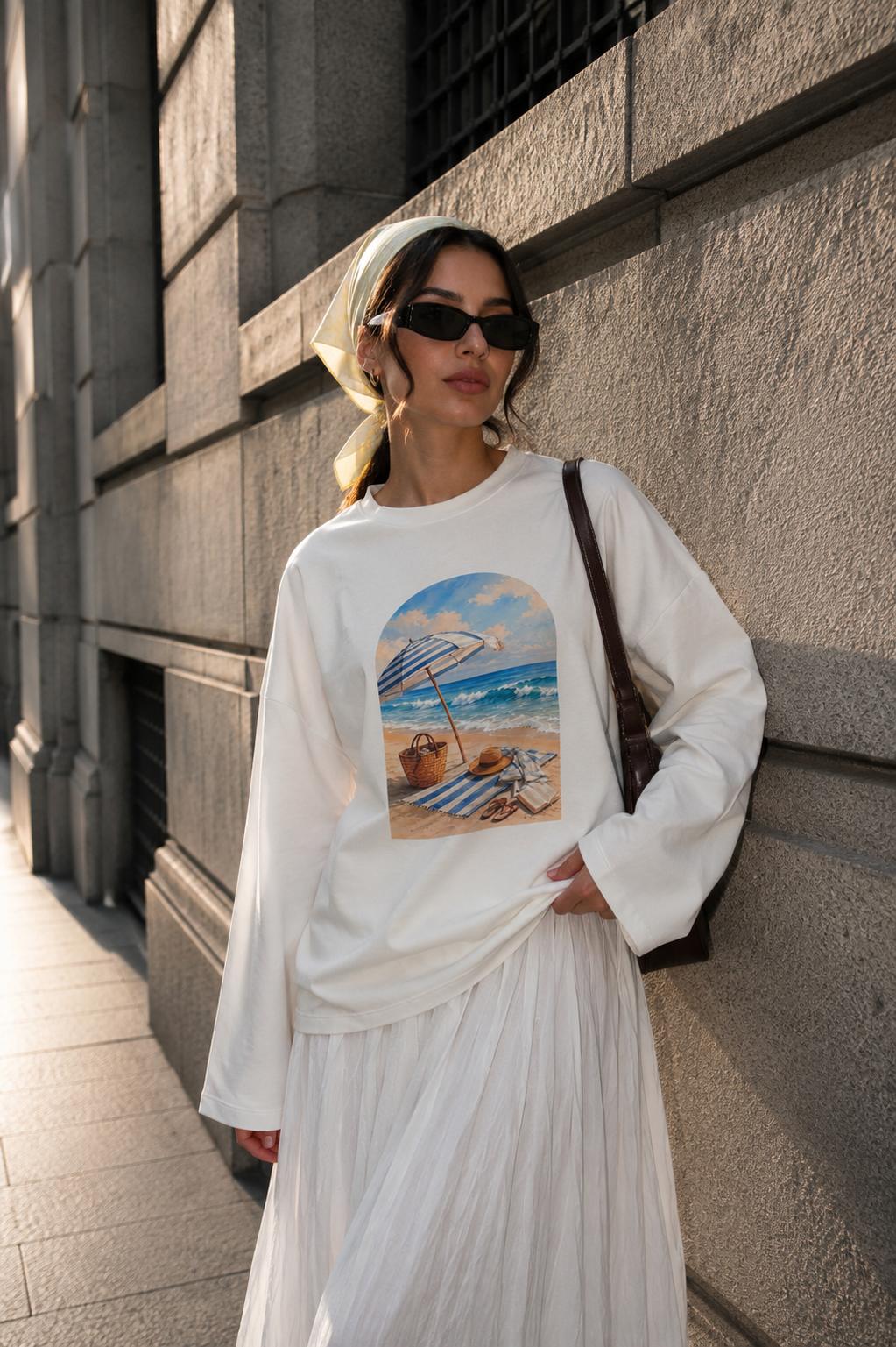 Beyaz Sahil Baskılı Tesettüre Uygun Uzun Kollu T-Shirt