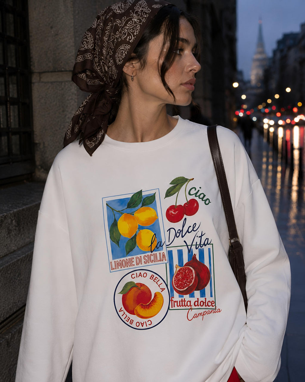 Beyaz Dolce Vita Baskılı Tesettüre Uygun Uzun Kollu T-Shirt