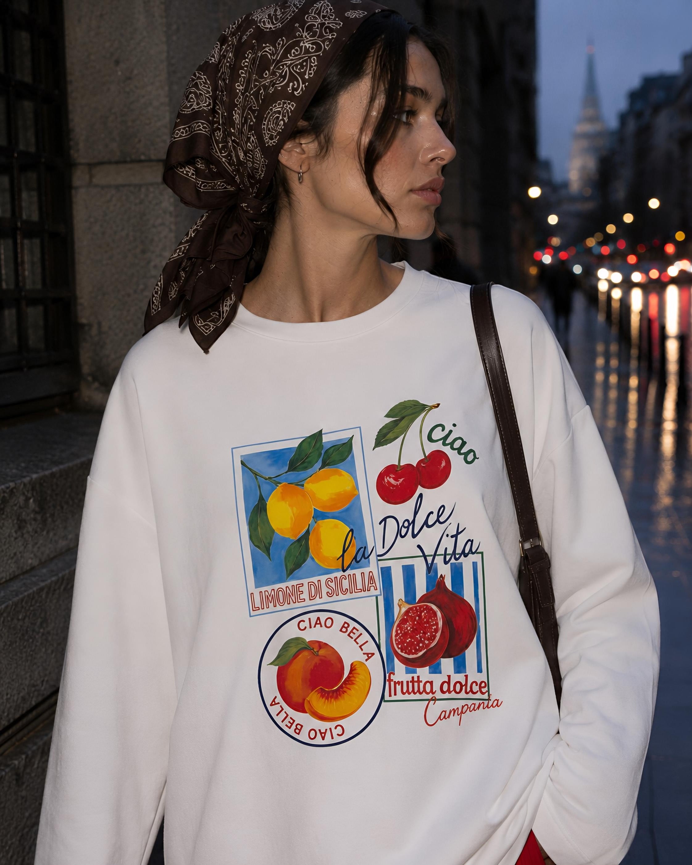 Beyaz Dolce Vita Baskılı Tesettüre Uygun Uzun Kollu T-Shirt