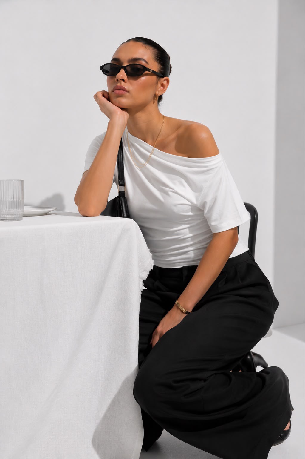 Kayık Yaka Açık Omuz Dekolteli Bel Oturtmalı T-Shirt\Top\Bluz