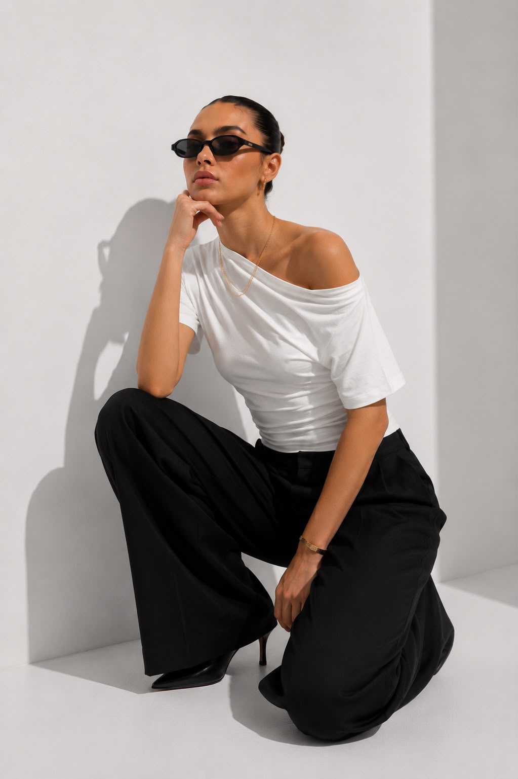 Kayık Yaka Açık Omuz Dekolteli Bel Oturtmalı T-Shirt\Top\Bluz