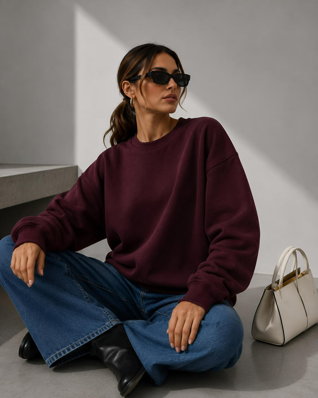 Kadın Pamuk Üç İplik Şardonlu Yumuşak Dokulu Oversize Sweatshirt