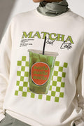 Beyaz Matcha Baskılı Tesettüre Uygun Uzun Kollu T-Shirt