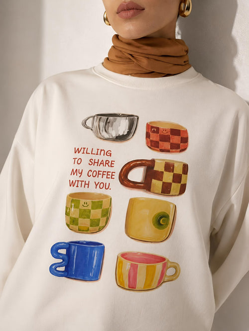 Beyaz Fincan Baskılı Tesettüre Uygun Uzun Kollu T-Shirt
