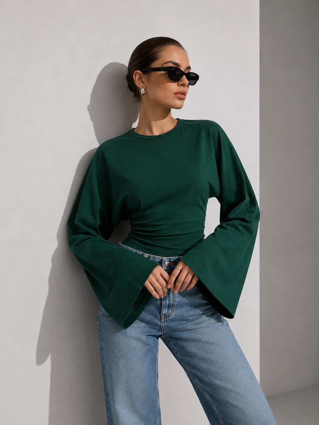 Hira Clothing Drapeli Yarasa Kol Bel Oturtmalı Likralı Doğal Viskon Bluz