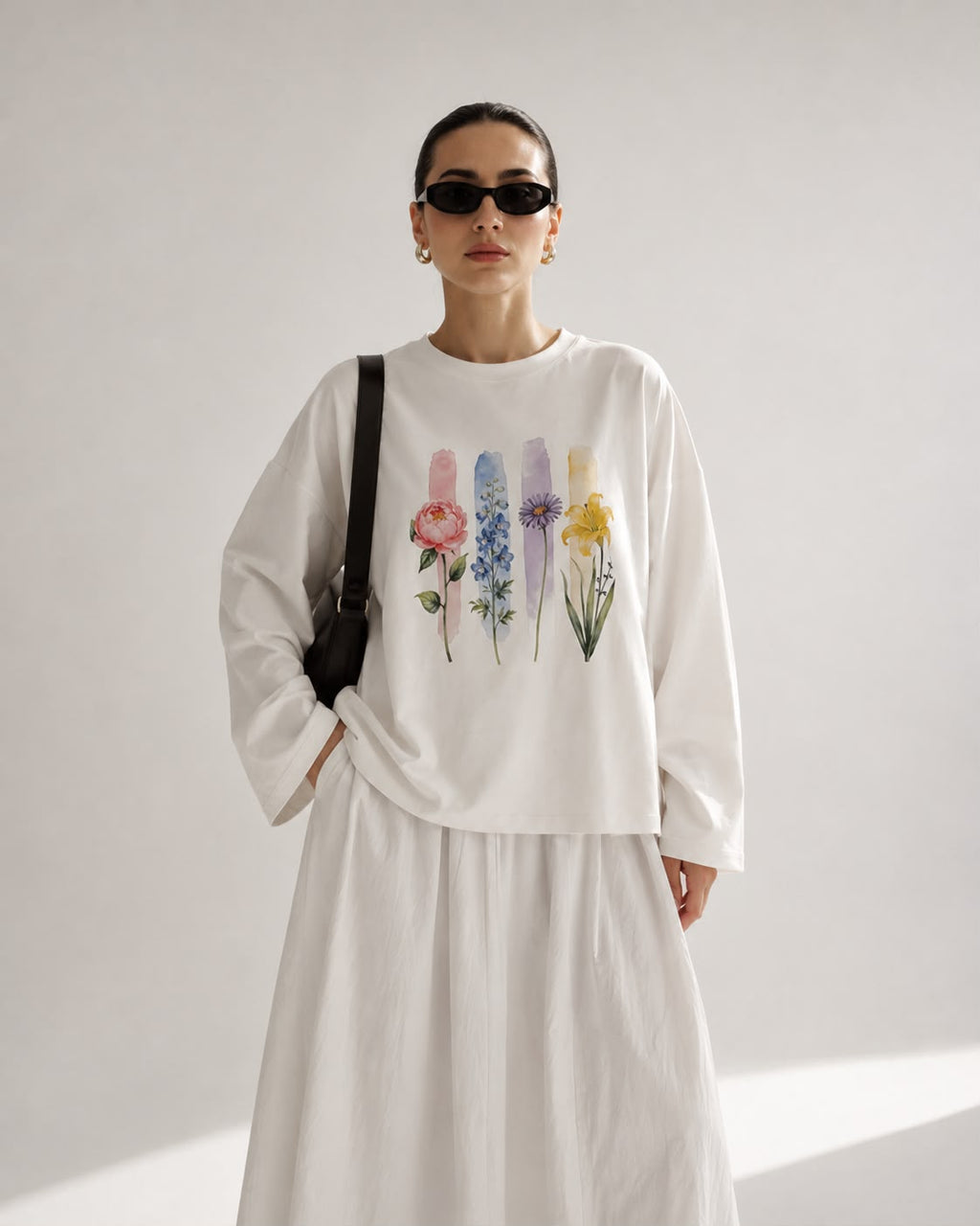 Beyaz Botanical Baskılı Tesettüre Uygun Uzun Kollu T-Shirt
