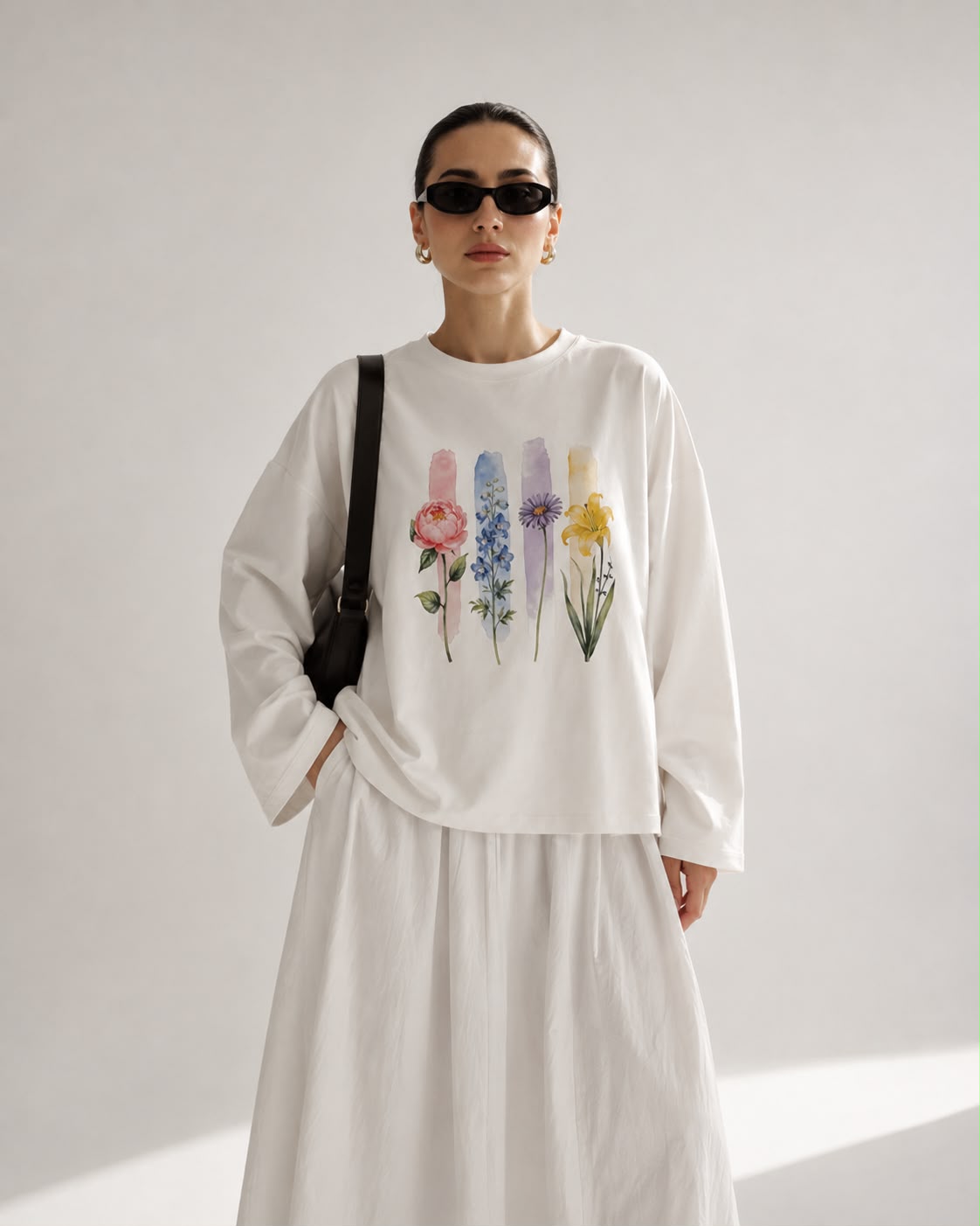 Beyaz Botanical Baskılı Tesettüre Uygun Uzun Kollu T-Shirt