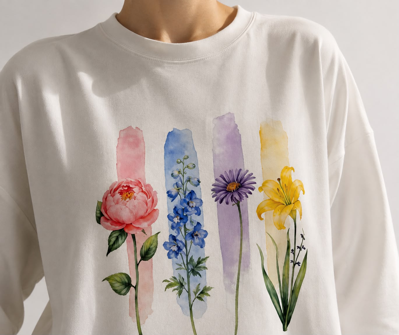 Beyaz Botanical Baskılı Tesettüre Uygun Uzun Kollu T-Shirt