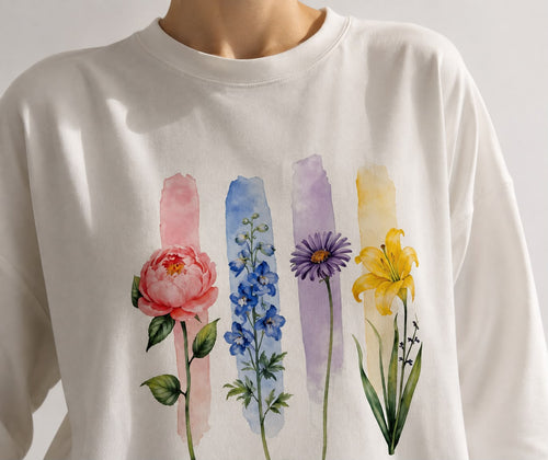 Beyaz Botanical Baskılı Tesettüre Uygun Uzun Kollu T-Shirt